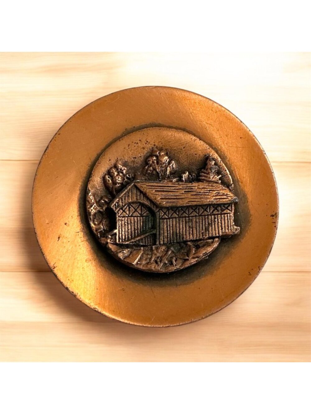 Vintage Copper Covered Bridge Brooch Pin Round 1.75" Rustic Design